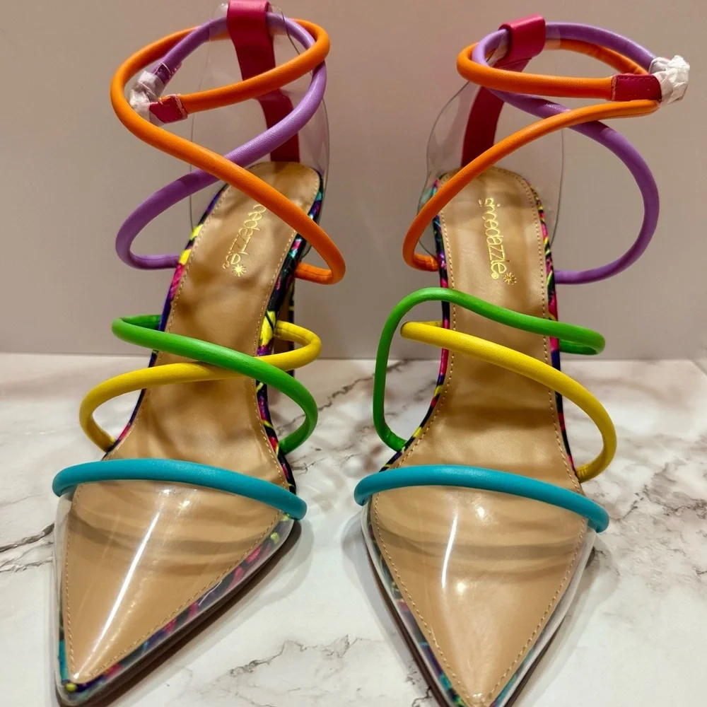 🌈 Shoe Dazzle Crissa Rainbow Strappy Stiletto Heels Size 7.5 NWT